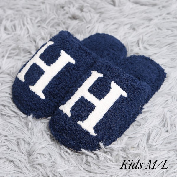 Kid's ComfyLuxe H Embroidered Slide On Slippers

- US Kid's Size: S/M (12-13.5) M/L (3-4)
- 100% Polyester
- Rubber Sole