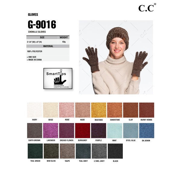 C.C G-9016
Solid Chenille Knit Smart Touch Gloves.
- Touchscreen Compatible 
- One Size Fits Most
- 100% Polyester