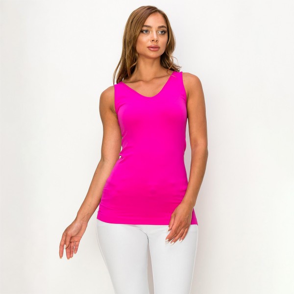 Women's Seamless Reversible V-Neck Tank Top

- Wide shoulder straps
- V-neckline
- Back scoop neck
- Fitted silhouette
- Seamless design
- Buttery soft fabrication with stretch
- Longline hem


- One size fits most 0-14
- 92% Nylon, 8% Spandex