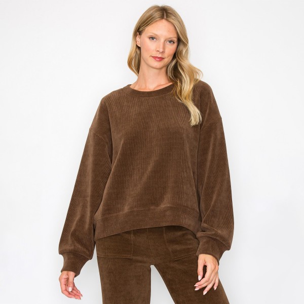 Wholesale women s Relaxed Ribbed Corduroy Long Sleeve Top Pack Relaxed Fit Cordu