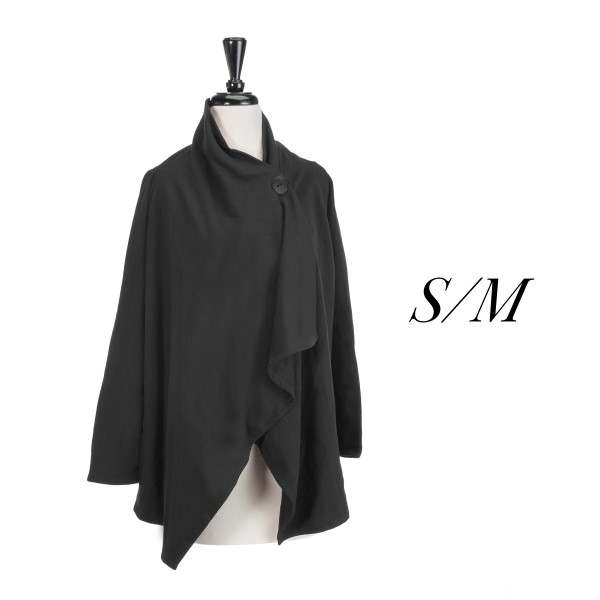 Black one button cardigan with an asymmetrical hem. Polyester, viscose, and elastic blend. Size S/M. 