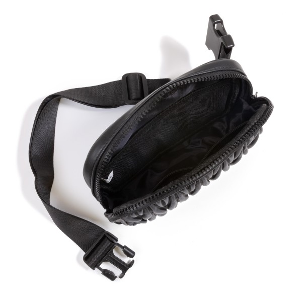 Scrunched Faux Leather Belt Bag - Full Zipper Closure - Textured On Both Sides - Three Open Internal Pockets - Approximately 14" -25" Drop - Body 7.5"W X 5"T X 2" D view 5