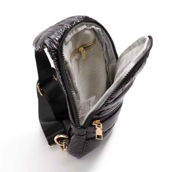 Quilted Puffer Sling Bag With Adjustable Cross Body Strap - Full Zip Closure - Front Zip Pocket - Fully Lined - Inside Zip Pocket - Nylon Strap With Buckle - Approximately 11"H x 7.5"W x 2"D - 100% Polyester view 5