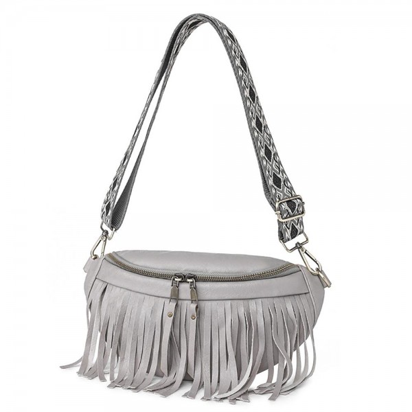 Faux Leather Tassel Crossbody Bag With Guitar Strap

- Full Zipper Closure
- Faux Leather Tassel Detail 
- Removable/ Adjustable Guitar Strap
- Lined Body With Two Internal Pockets (One Zip) 
- One Back Pocket With Zipper Closure 
- Strap Approximately 22-46" L
- Body 9" W X 6" T X 2" D