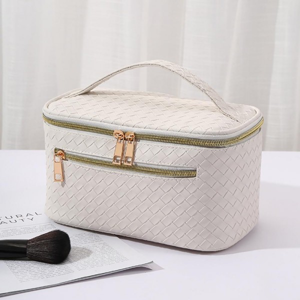 Wholesale vegan Leather Woven Travel Makeup Case Full Double Zip Closure Front Z