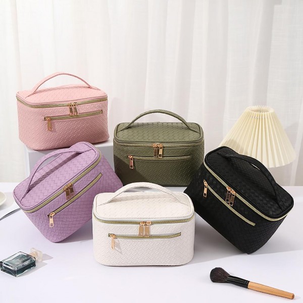 Vegan Leather Woven Travel Makeup Case - Full Double Zip Closure - Front Zip Pocket - Multiple Inside Pockets and Elastic Bands - Approximately 8"W x 4"H x 5.5"D view 5