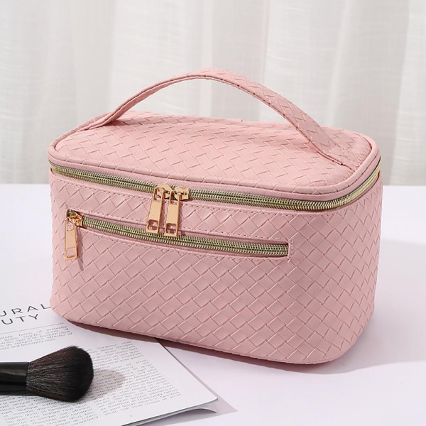 Wholesale vegan Leather Woven Travel Makeup Case Full Double Zip Closure Front Z