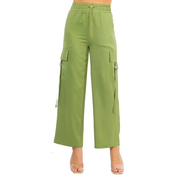 Satin Drawstring Cargo Pocket Pants

- Drawstring Waistline 
- Side Flap Pocket With Buckle Closure 
- 92% Polyester / 8% Spandex 
