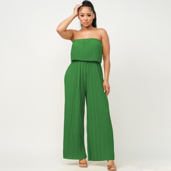 Pleated Strapless Wide-Leg Jumpsuit 

- Lightweight Pleated Fabric
- Elastic Top Band 
- Chest Sinch Band 
- 92% Polyester / 8% Spandex 