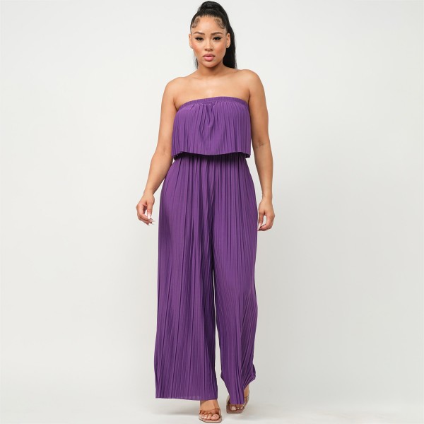 Pleated Strapless Wide-Leg Jumpsuit 

- Lightweight Pleated Fabric
- Elastic Top Band 
- Chest Sinch Band 
- 92% Polyester / 8% Spandex 