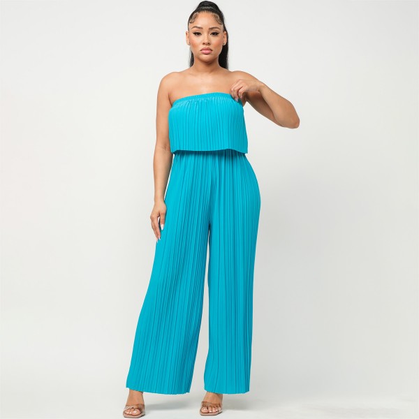 Pleated Strapless Wide-Leg Jumpsuit 

- Lightweight Pleated Fabric
- Elastic Top Band 
- Chest Sinch Band 
- 92% Polyester / 8% Spandex 