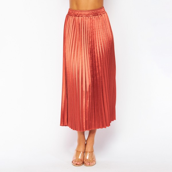 Pleated Satin Midi Skirt (6 Pack)

- Elastic Waistline 
- Pleated Fabric
- 92% Polyester / 8% Spandex