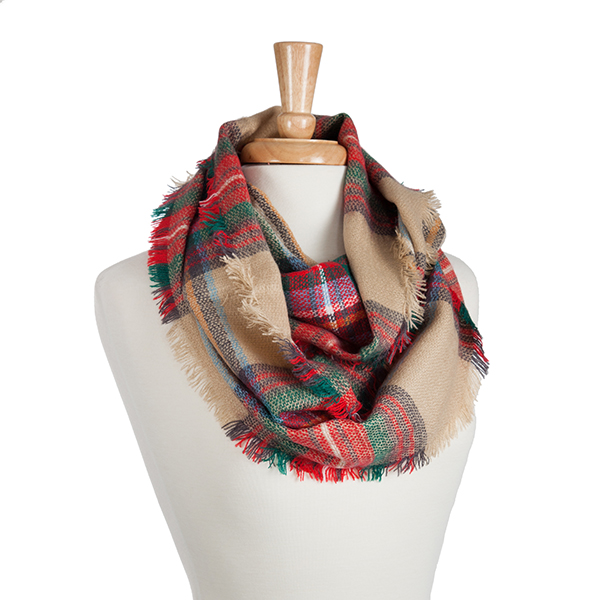 Wholesale heavyweight beige infinity scarf red green blue tartan plaid Acrylic