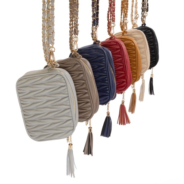 Quilted Braid Vegan Leather Crossbody Bag With Leather Tassel - Full Zipper Closure - Lined Body With One Internal Zipper Pocket - Leather Fed Chain Strap - Strap Approximately 50" L - Body 7.5"W X 6"T X 2" D view 5