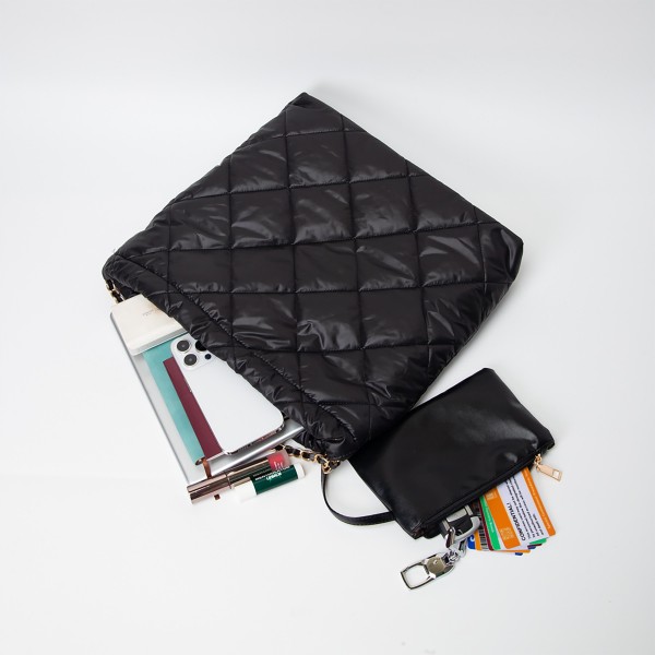 Quilted Puffer Tote Bag With Matching Vegan Leather Coin Pouch - Lined Body With Two Open Pockets and One Zipper Pocket - Magnetic Closure - 100% Polyester - Approximately 14" L x 13" T x 3" W - Coin Pouch 7.5" W x 4.5" T view 5