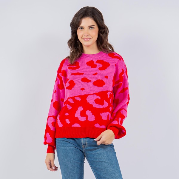 Wholesale soft Knit Oversized Color Block Leopard Print Sweater Pack Viscose Pol