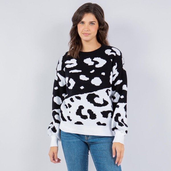 Wholesale soft Knit Oversized Color Block Leopard Print Sweater Pack Viscose Pol