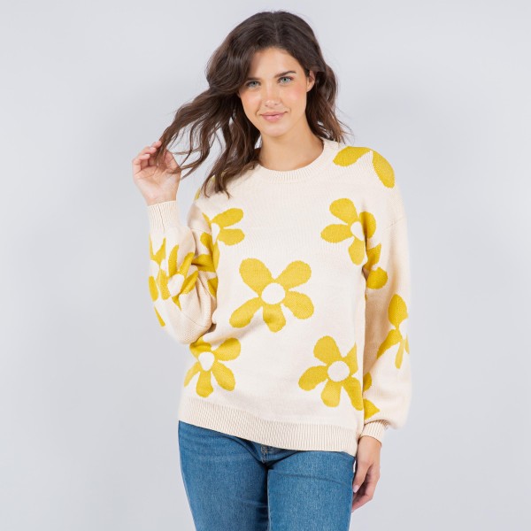 Wholesale soft Knit Retro Flower Print Sweater Pack Crew Neck Acrylic Polyester