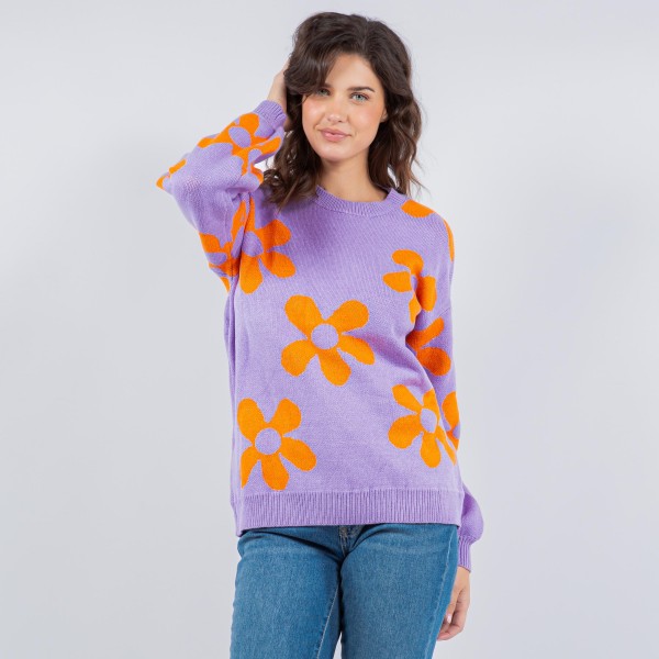 Wholesale soft Knit Retro Flower Print Sweater Pack Crew Neck Acrylic Polyester