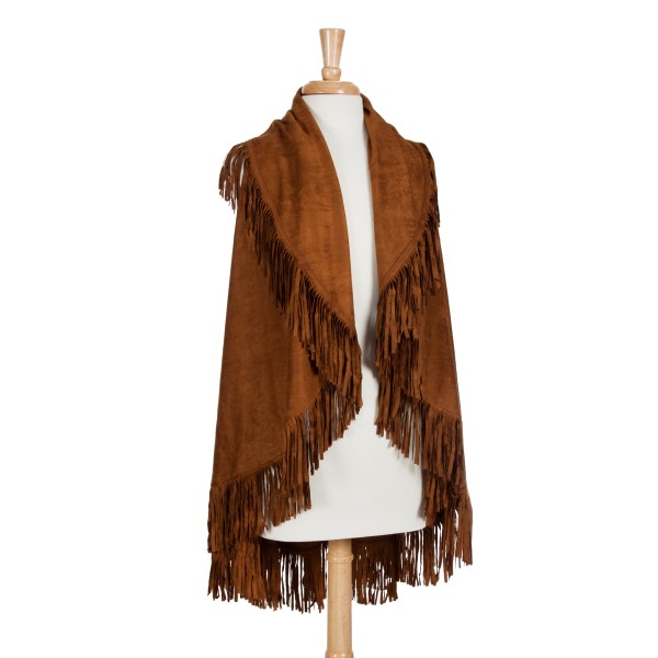 Wholesale brown faux suede fringe shawl vest One fits most Acrylic