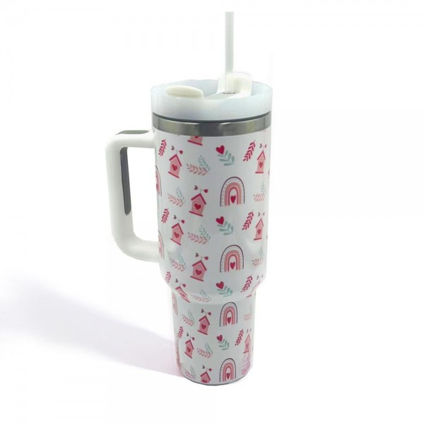 Valentines Theme Printed 40oz Double Wall Stainless Steel Vacuum Tumbler With Handle

- Screw On Matching Lid With Contrast Grip Featuring 3 Positions (Straw, Wide Mouth & Full Cover)
- Sturdy Handle (3.5" W Handle Opening)
- Straw Included (12" L) *
- Approximately 9.5" L X 3.5" D
- Cup Holder Friendly Design

* Straw Color May Vary