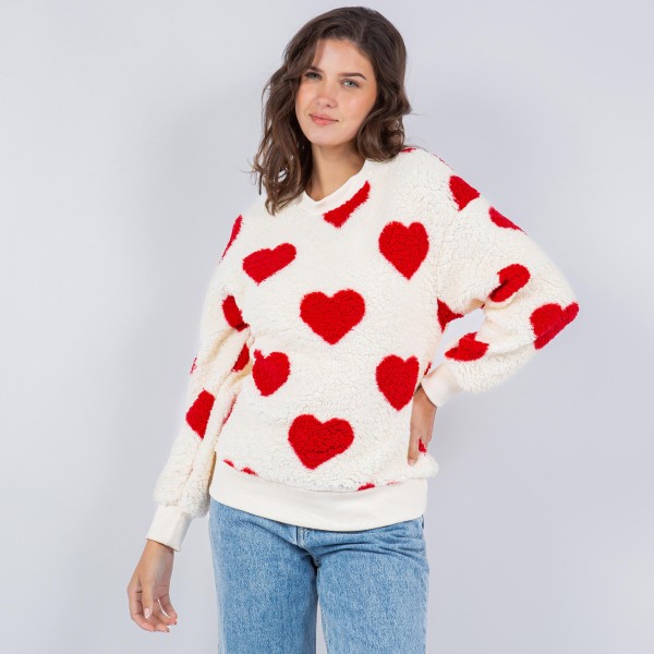 Wholesale sherpa Heart Print Sweater Pack Crew Neck Polyester