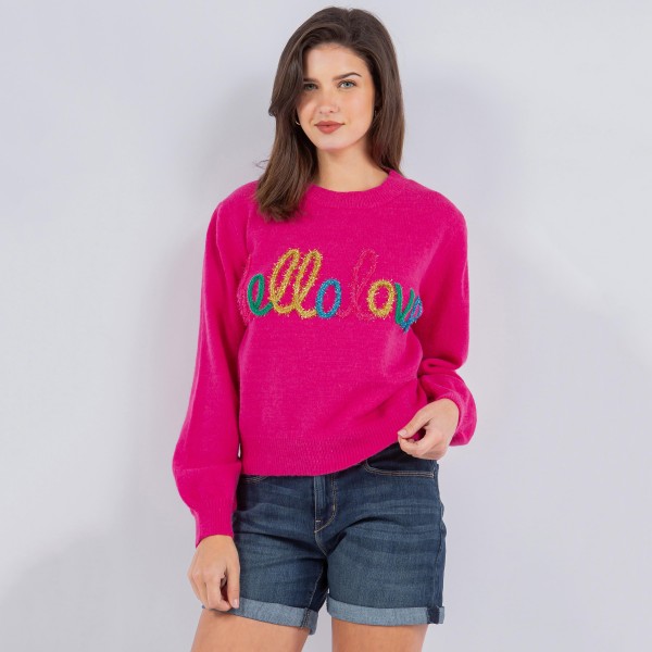 'Hello Love' Script Valentine's Day Sweater (6 Pack) 

- Crew Neckline 
- Cuffed Sleeve 
- 39% Acrylic / 31% Polyester / 30% Polyamide 