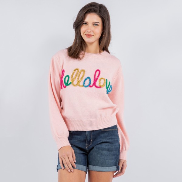 'Hello Love' Script Valentine's Day Sweater (6 Pack) 

- Crew Neckline 
- Cuffed Sleeve 
- 39% Acrylic / 31% Polyester / 30% Polyamide 