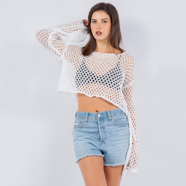 Crochet Fishnet Long Sleeve Cropped Swimsuit Coverup

- One Size Fits Most (0-12) 
- 100% Polyester 