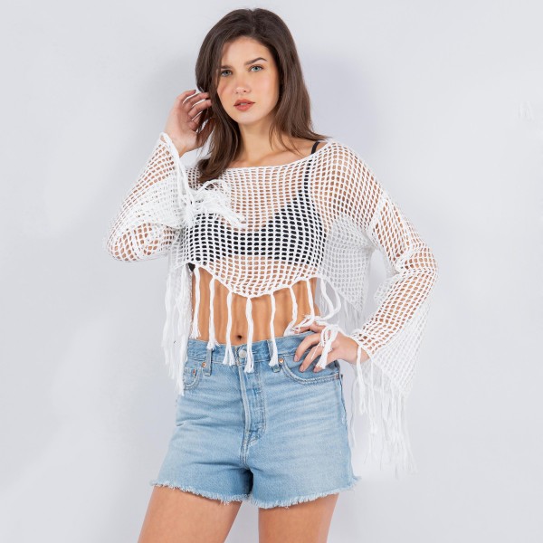 Knit Fishnet Long Sleeve Crop Top Swimsuit Cover Up With Fringe 

- One Size Fits Most (0-14) 
- Bell Sleeve 
- 100% Polyester 