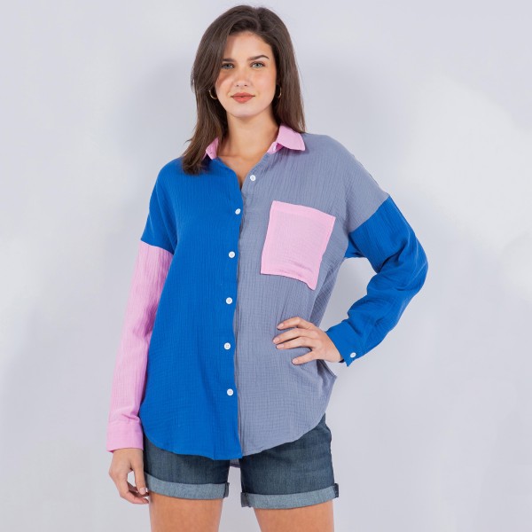 Lightweight Cotton Color Block Long Sleeve Top (6 Pack) 

- Button Closure
- Button Cuff Sleeve 
- 100% Cotton 
