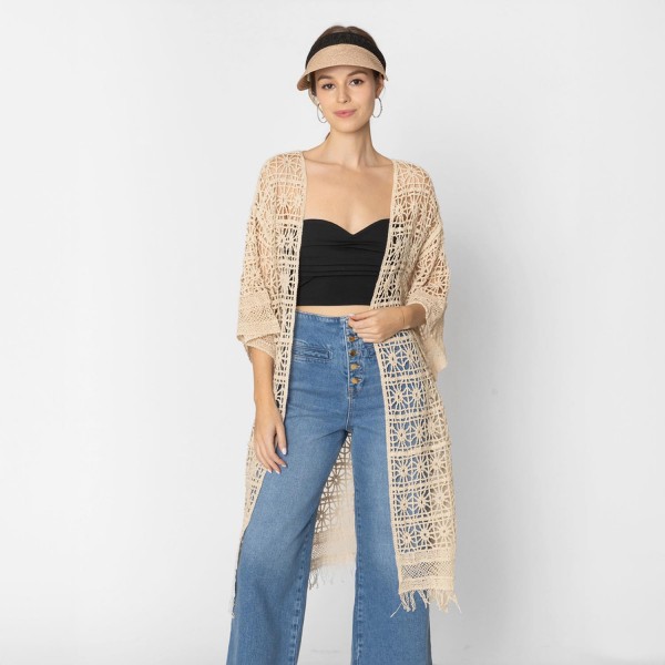 Do Everything In Love Open Knit Crochet Kimono With Fringe Bottom

- One Size Fits Most (0-14)
- 100% Cotton