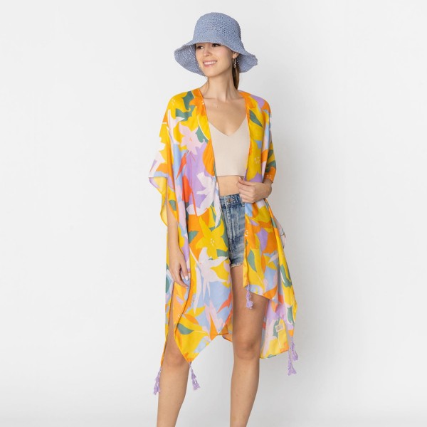 Do Everything In Love Bold Floral Print Kimono With Tassel Details 

- One Size Fits Most (0-14)
- 100% Polyester 