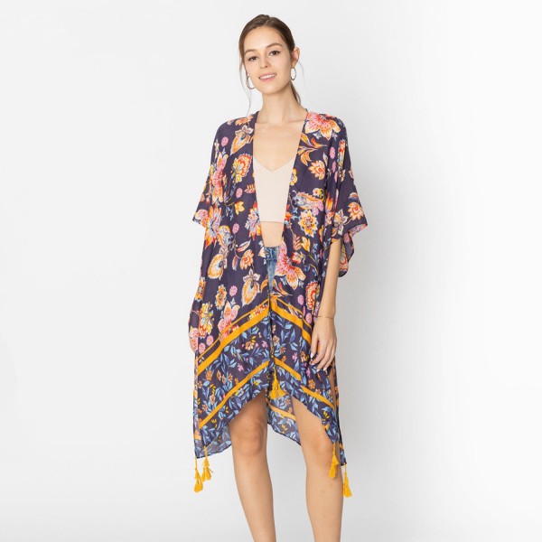 Wholesale do Everything Love Painted Flower Print Kimono Tassel Details One Fits