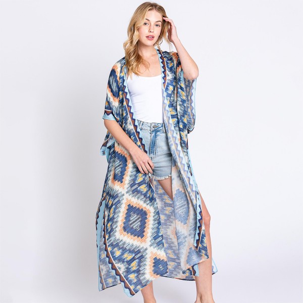 Wholesale aztec Print Long Lightweight Kimono One Fits Most Polyester