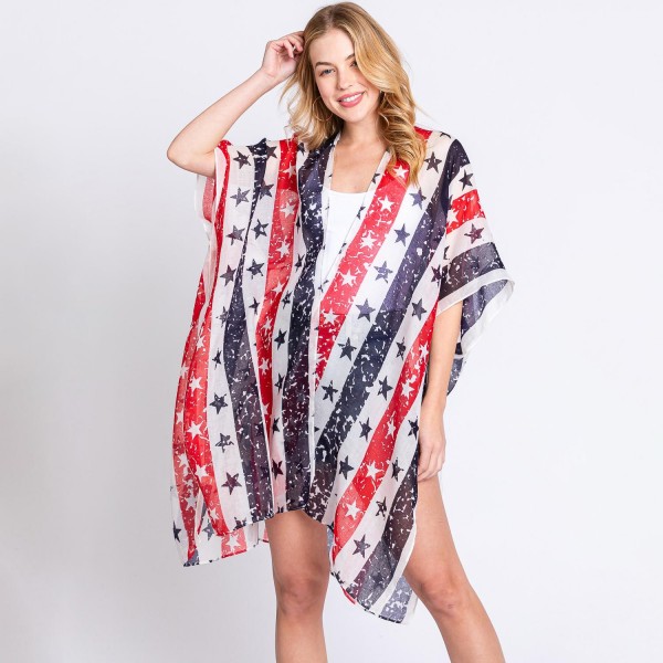 Wholesale lightweight Distressed Americana Stars Stripes Printed Kimono One Fits