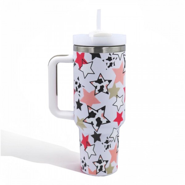 Cow Print Stars Printed 40oz Double Wall Stainless Steel Vacuum Tumbler With Handle

- Screw On Matching Lid With Contrast Grip Featuring 3 Positions (Straw, Wide Mouth & Full Cover)
- Sturdy Handle (3.5" W Handle Opening)
- Straw Included (12" L) *
- Approximately 9.5" L X 3.5" D
- Cup Holder Friendly Design

* Straw Color May Vary