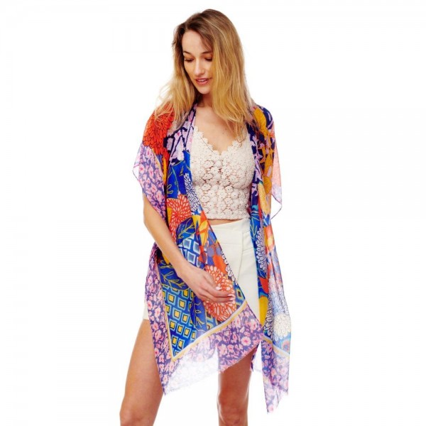 Floral Print Lightweight Kimono With Frayed Edge - One Size Fits Most - 100% Polyester view 5