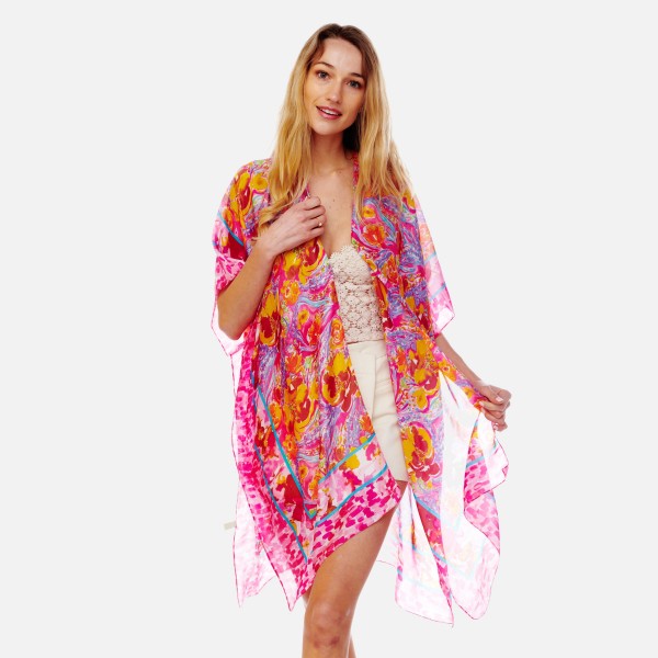 Wholesale lightweight Kimono Painterly Rose Print One Fits Most Polyester