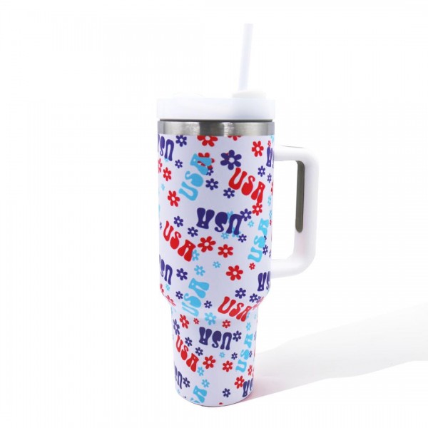 Retro USA and Flower Printed 40oz Double Wall Stainless Steel Vacuum Tumbler With Handle

- Screw On Matching Lid With Contrast Grip Featuring 3 Positions (Straw, Wide Mouth & Full Cover)
- Sturdy Handle (3.5" W Handle Opening)
- Straw Included (12" L) *
- Approximately 9.5" L X 3.5" D
- Cup Holder Friendly Design

* Straw Color May Vary