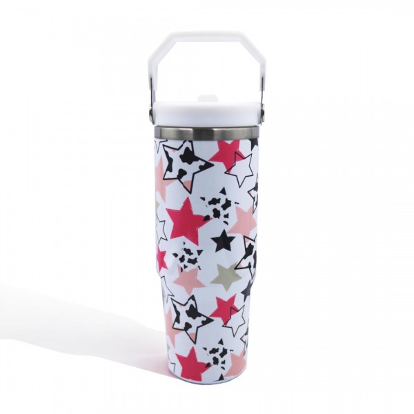 Cow Print Stars 30oz Double Wall Stainless Steel Vacuum Tumbler With Carry Handle

- Screw On Matching Lid With Flip Up Straw
- Sturdy Matching Carry Handle
- Straw Included
- Cup Holder Friendly Design
- Approximately 9.5"T X 2.75" D