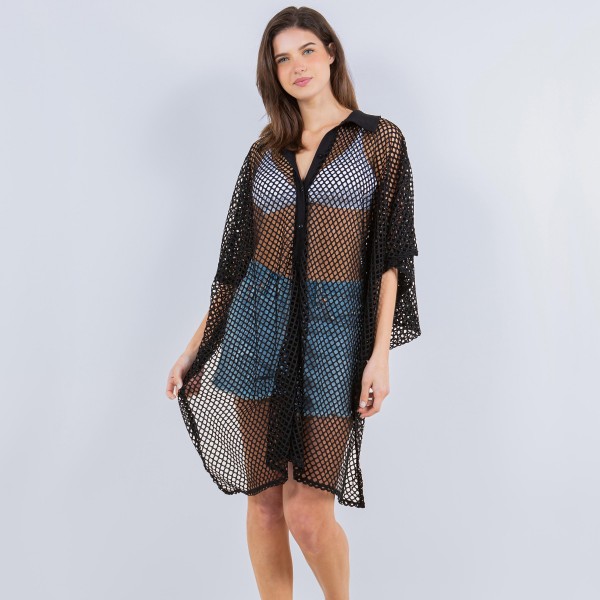 Wholesale oversized Collared Fishnet Jersey Cover Up One Fits Most Polyester