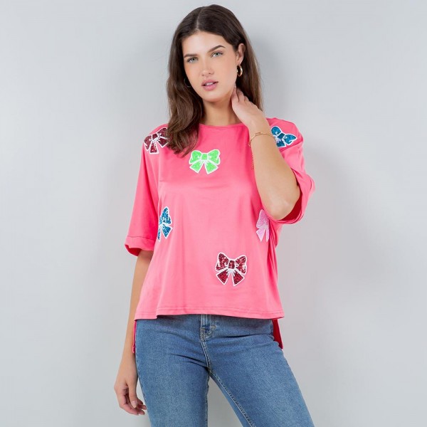 Wholesale oversized Cropped Boxy Tee Sequin Bows Polyester Dry Clean Only