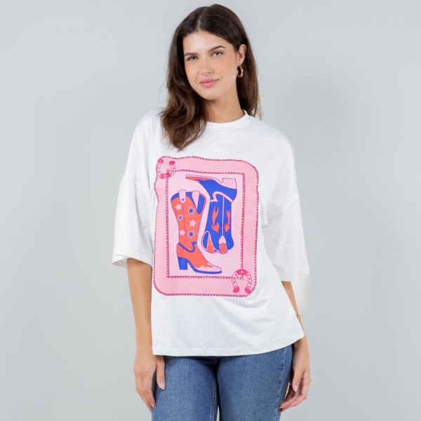 Wholesale cowboy Boot Card Rhinestone Border Graphic Tee Polyester Cotton Dry Cl
