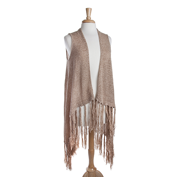 Wholesale long taupe knit vest fringe Acrylic Nylon One fits most
