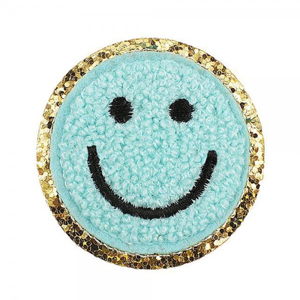 Chenille Smile Patch With Glitter Edge 

- Approximately 2.25"D
- Iron-on or Sew-On Application 

