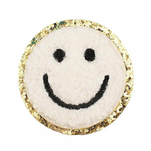 Chenille Smile Patch With Glitter Edge 

- Approximately 2.25"D
- Iron-on or Sew-On Application 

