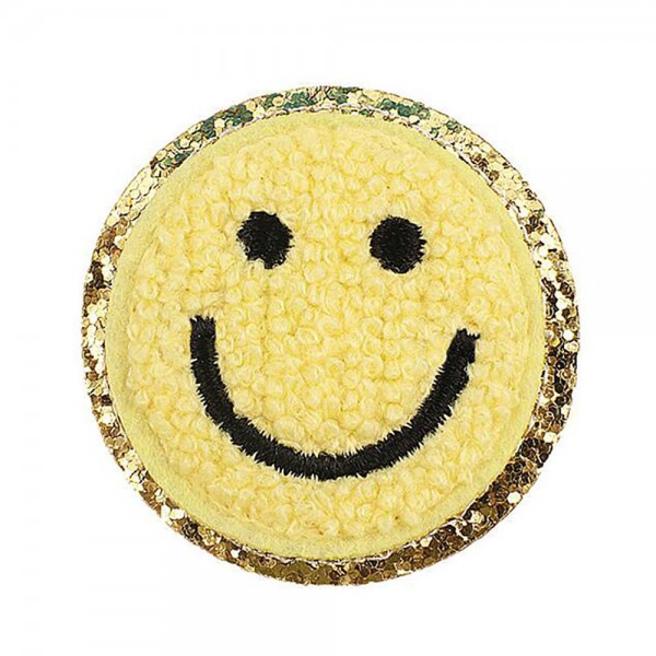 Chenille Smile Patch With Glitter Edge 

- Approximately 2.25"D
- Iron-on or Sew-On Application 

