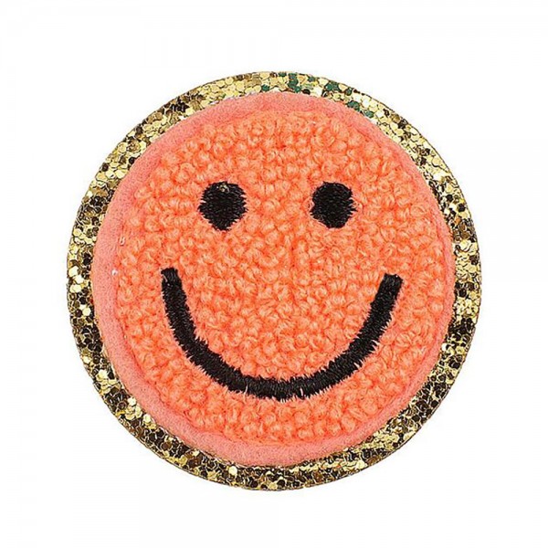 Chenille Smile Patch With Glitter Edge 

- Approximately 2.25"D
- Iron-on or Sew-On Application 

