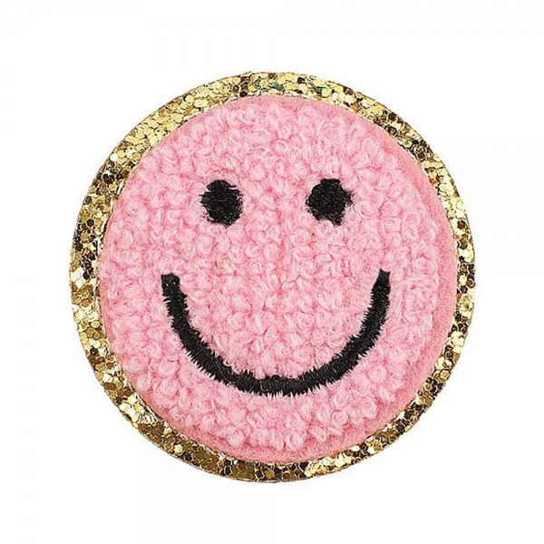 Chenille Smile Patch With Glitter Edge 

- Approximately 2.25"D
- Iron-on or Sew-On Application 

